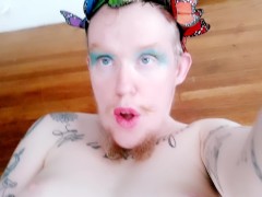 Queer Trans Boy Flowers In His Beard Gives POV Blowjob Frontage Masturbates Big Clit