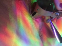 Rainbow light anal glow plug and medical speculum natural hairy pussy play while repairman next door