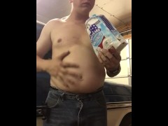 Piggy stuffing donuts and soda 