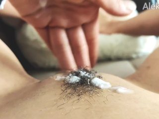 hairy wet pussy, female orgasm, massage, hairy pussy closeup