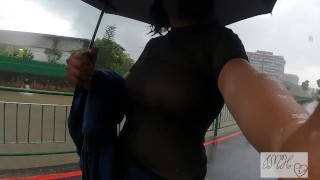 Taking A Walk In The Rain With A Sheer Top Big Boobs Reveal