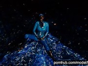 Preview 3 of Heavy rubber goddess with big tits in transparent blue latex catsuit and mask masturbates - part 3