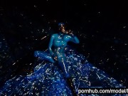 Preview 6 of Heavy rubber goddess with big tits in transparent blue latex catsuit and mask masturbates - part 3
