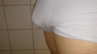Uncircumcised grower not shower pissing in the shower, close up, uncut tiny cock urinating
