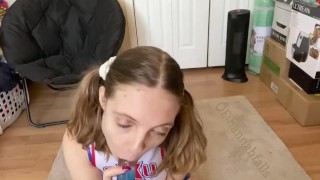 cute cheerleader gives dildo a bj