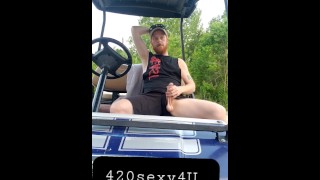 Hairy Ginger Outside On A Golf Cart Flaunting Her Dick