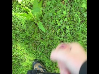 Public Jerking off and cumming in the forest.