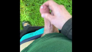 Public Jerking off and cumming in the forest.