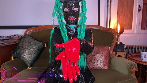 Miss Maskerade show her latex gloves collection in ruibberdoll enclosed catsuit asmr sound