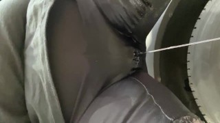 Desperate leggings pee while pumping fuel