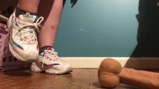 BLOOPER Cruel Teen Girl In Sneakers Tortures A Poor Cock With Her FEET