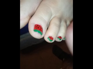 Holiday Weekend Footjob with Watermelon Painted Toes, Lots of Precum and Huge Edging Cumshot.