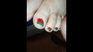 Holiday weekend footjob with watermelon painted toes, lots of precum and huge edging cumshot. 