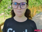 Preview 5 of A beautiful girl with glasses walks and seduces people in the park with her look
