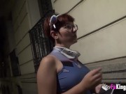 Preview 1 of Busty nerd redhead looks for guys to suck in a public street