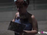 Preview 6 of Busty nerd redhead looks for guys to suck in a public street