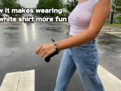 Video Girls top gets wet in rain exposing tits in public