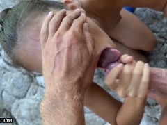 Horny Brunette gives very Sloppy Deepthroat Blowjob On Nudist Beach - Yoya Grey