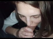 Preview 3 of POV Amazing teen gives a blowjob in the car while it's raining outside to cheer him up and swallows