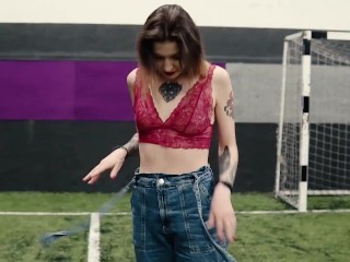 Two girls undressed at the blogger right during the shooting.Striptease football forundressing.