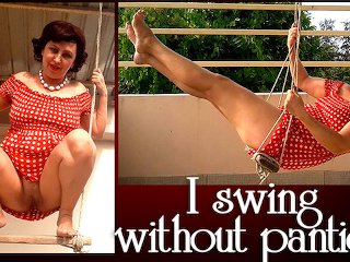 Cute housewife has fun without panties on the swing. Slut swings and shows her perfect pussy.