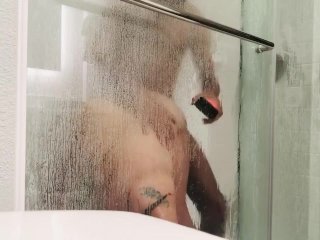 shower, blowjob, brunette, big dick
