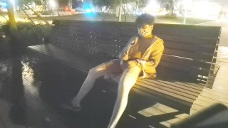 In A Busy Park A Cute Boy Wearing White Stockings Is Masturbating