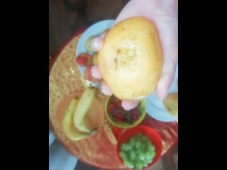 Kinky girl puts fruits in her panties and inserting them into pussy - Angel Fowler