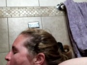 Preview 5 of Chubby wife suck's big cock in truck stop bathroom. Facial and cum on tits