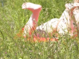 Outside. Wild beach. Random passerby man by_river saw naked woman sunbathing. Outdoor.Nudist