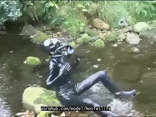 Outdoor Walk in the Wood and River Bath Full Encased in Black Latex Catsuit and_Rubber GasMask