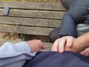 Preview 5 of Risky Public Handjob on a bench with view on a Village and Cum over the Bench :P