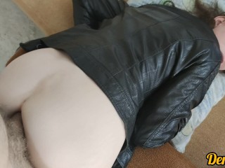 cute girl in a leather jacket craves and gets a lot of anal sex to get cum on her face