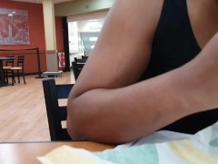 Taking Off her Panties in a Restaurant and Flashing her Pussy in Public
