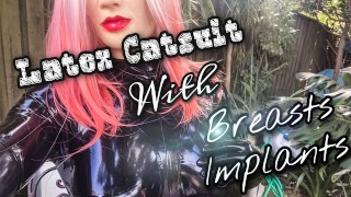 Wearing Latex Catsuit with Silicone Breasts Implants For the First Time 