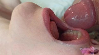 ASMR blowjob close-up. Huge cock in her mouth with cum