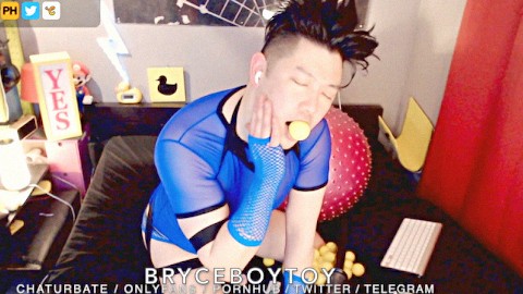BryceBoytoy slaps his slutty face on camshow, then pushes Nerf balls in/out his asian femboy pussy