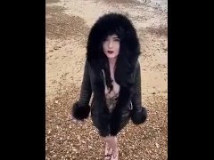 British babe Smoking and flashing on the beach 