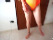Preview 2 of Girl in Orange Bodysuit Seduces Boyfriend with Dildo then Gets Pussy and Ass Fuck with Squirt