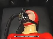 Preview 3 of Hot girl full encased in red rubber suit enjoys gas mask breathplay in her black room