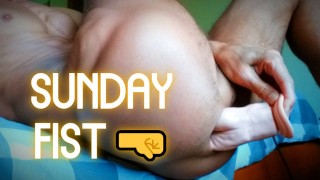 Twink is fisting his ass in the morning and precum