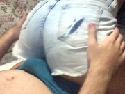 Preview 6 of Dry Humping in jeans shorts and Handjob cum in pants Clothed Sex Romantic Couple