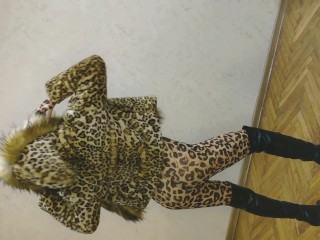 Ladyboy Sissy Asiático com Casaco De Leopardo Sexy e Terno De Leopardo e De Salto Alto Mostrando Seu Corpo Sexy