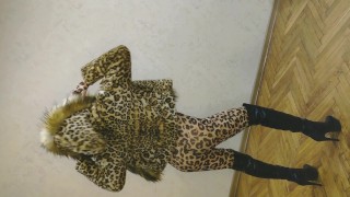 Asian Sissy Ladyboy Wearing A Sexy Leopard Coat A Leopard Suit And High Heels While Displaying Her Sexy Body