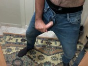 Preview 4 of Very hairy guy cock coming out of jeans