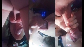 My cute pet pleasure me under the table by sucking my big cock and getting wet when I cum in mouth
