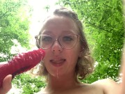 Preview 3 of Fucking Hot Little Slut Sarah Evans Fucks a Big Bad Wolf Dildo in Front of a Mirror Outside