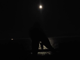 女性のディルドは海のそばの月明かりで猫をファック