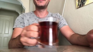 Very hairy solo man cum on kitchen table while smoking and tea