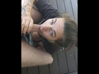 sloppy blowjob, public, sucking cock outside, tattooed women
